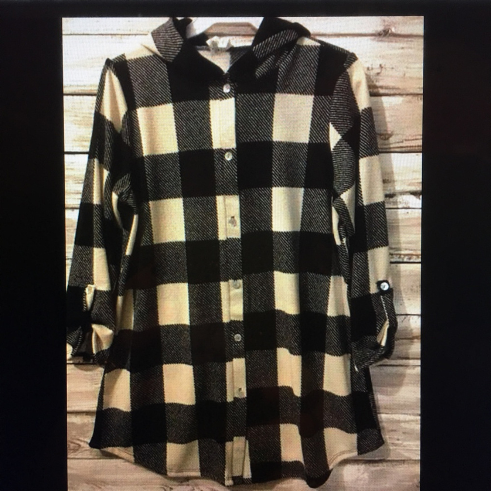 Black Plaid Button Down Double Hoodie